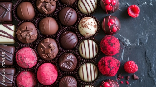  a box of assorted chocolates with raspberries and strawberries on the side of the box and on the side of the box is an assortment of assorted chocolates.