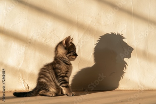 A curious domestic cat basks in the warm sun next to the imposing shadow of a majestic lion, showcasing the duality of feline nature and the beauty of their bond photo