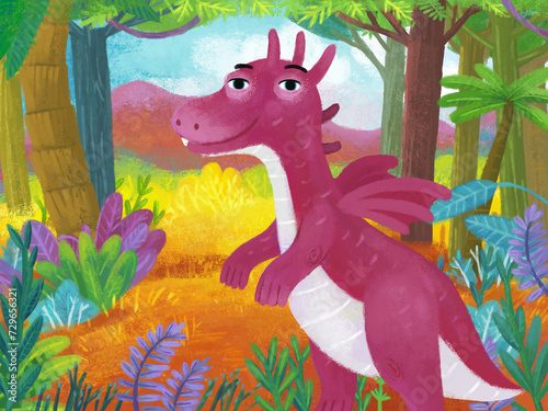 cartoon scene with forest jungle meadow wildlife with dragon dino dinosaur animal zoo scenery illustration for children