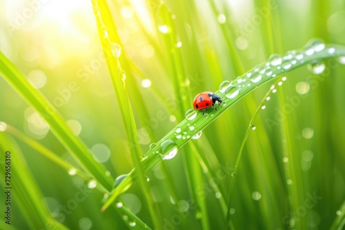 A ladybug sits on a blade of grass.