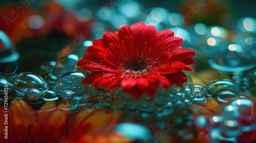  a close up of a red flower with drops of water on the bottom and bottom of the petals on the bottom of the petals and the petals on the bottom of the petals.