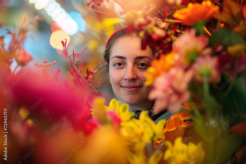 A joyful human face adorned with a beautiful flower, radiating warmth and happiness as she gazes into the camera with a bright smile