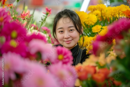 A beaming woman creates a stunning display of chrysanthemums, her face mirroring the beauty of the colorful petals she expertly arranges in a flourishing garden