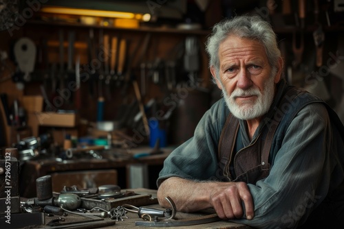 A focused man in glasses sits at a cluttered table, his worn clothing and determined expression reflecting the intricate tools before him