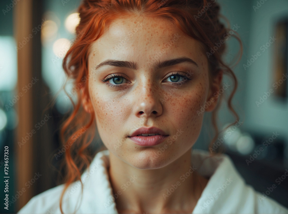 Photo of a tender red-haired girl with freckles and standing in a spa salon after applying skin care cosmetics. generative AI Photo of a tender red-haired girl with freckles and standing in a spa salon after applying skin care cosmetics. generative AI