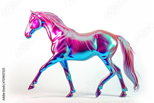 On a white surface, a poised horse in vibrant shades of pink and blue.