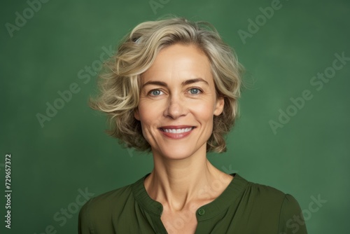 Portrait of smiling middle aged woman standing against green chalkboard.