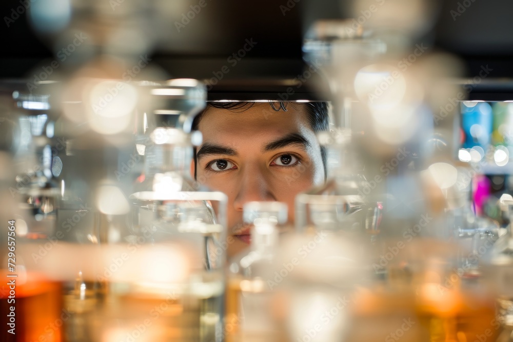 A man's face, distorted by the reflection in the transparent glass, contemplates his drink in the dimly lit bar A man's face, distorted by the reflection in the transparent glass, contemplates his drink in the dimly lit bar