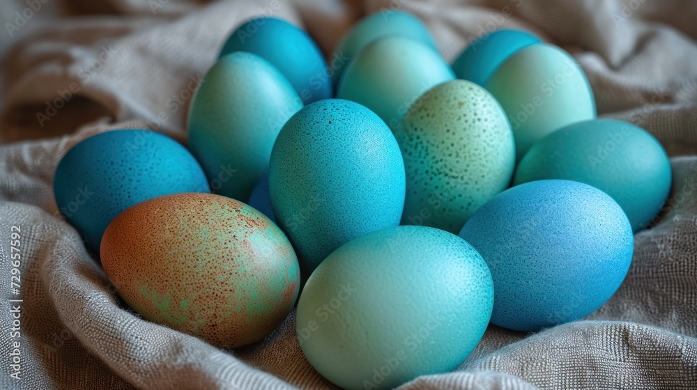 a pile of blue and green eggs sitting on top of a white cloth on top of a cloth covered table cloth next to a pile of eggs with speckled blue and brown speckled eggs. a pile of blue and green eggs sitting on top of a white cloth on top of a cloth covered table cloth next to a pile of eggs with speckled blue and brown speckled eggs.