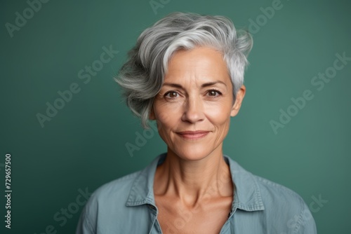 portrait of smiling senior woman with grey hair looking at camera isolated on green