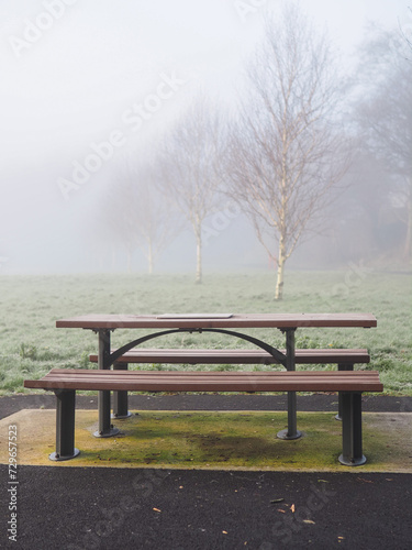 Modern metal bench and table with plastic elements in a park  fog in the background over green field. Surreal mood. Calm nature scene with mist