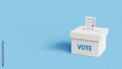 Vote into a ballot box during elections. Casting a vote in ballot box. Putting paper in ballot box. Voting or elections concept. 3d illustration photo
