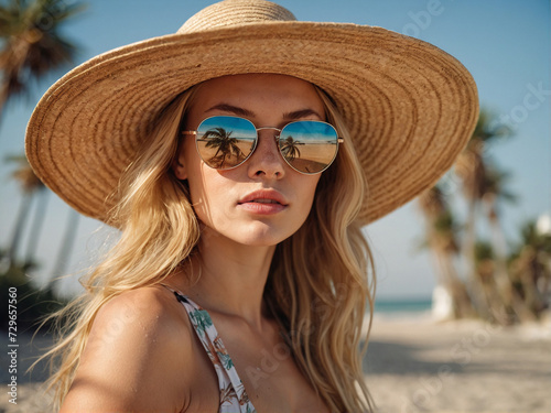 Optics for vision and fashion. A sexy girl looks at the camera on her glasses and a straw hat. Beautiful look through the frames close-up