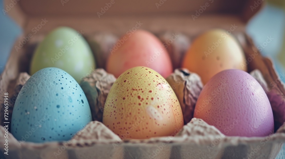 a dozen eggs in a carton with speckled eggs in the middle of the carton, on a blue tablecloth, with a blue tablecloth and white tablecloth. a dozen eggs in a carton with speckled eggs in the middle of the carton, on a blue tablecloth, with a blue tablecloth and white tablecloth.