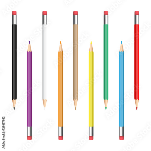 Sharpened wood cased drawing graphite pencil with eraser set isolated on white background, realistic vector illustration