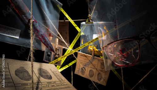 Konstfotografi Crime scene investigation evidence set collected on murder hanging on interweavi