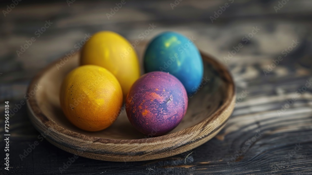 a wooden bowl filled with colorful eggs on top of a wooden table next to a wooden bowl with three different colored eggs on top of the same bowl and one of the same. a wooden bowl filled with colorful eggs on top of a wooden table next to a wooden bowl with three different colored eggs on top of the same bowl and one of the same.