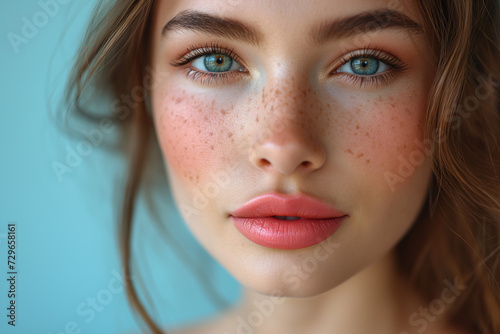Beautiful young woman with clean perfect skin. Portrait of beauty model with natural nude make up and touching her face. Spa, skincare and wellness. Close up,