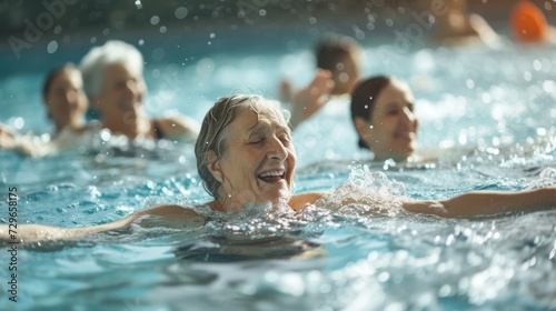 A vibrant group of individuals embrace the refreshing water of the swimming pool at the leisure centre, their smiling human faces adorned with swim caps as they indulge in the invigorating sport of s