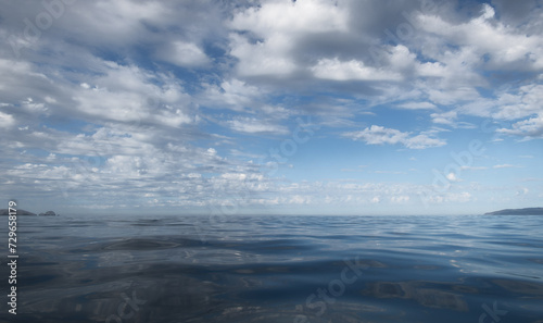 Background of white clouds and their reflection in open sea, with space for text