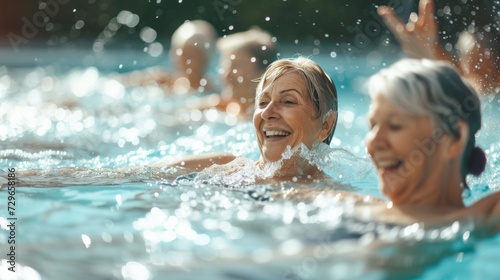 Amidst the sparkling water of the outdoor pool at the leisure centre, a group of people - including a young girl and a woman with a determined look on her face - engage in the invigorating sport of s