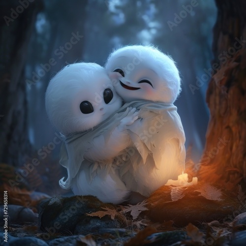 Cute ghost couple hugging and affection creating a symbol of love with an elegant background, great for business, advertising, corporate, marketing etc. Generative Ai