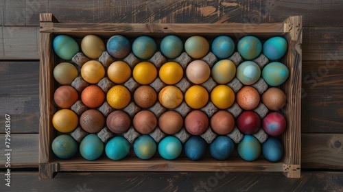  a box filled with different colored eggs on top of a wooden table and a wooden wall behind the eggs are brown, blue, red, yellow, orange, and green.