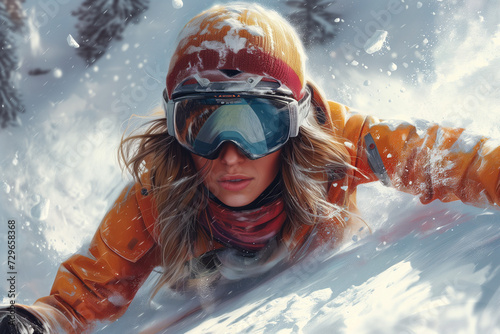 woman snowboarder, skier in the mountains, winter snowy slope, sport, active recreation, lifestyle, people, skiing, snowboarding, athlete, portrait, warm clothes, vacation, travel, nature