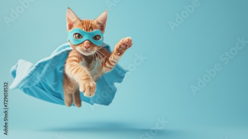 A brave feline dons a blue cape and mask, ready to protect their home and loved ones as they embrace their inner superhero