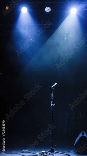 A microphone on a stage with spotlights in the background.