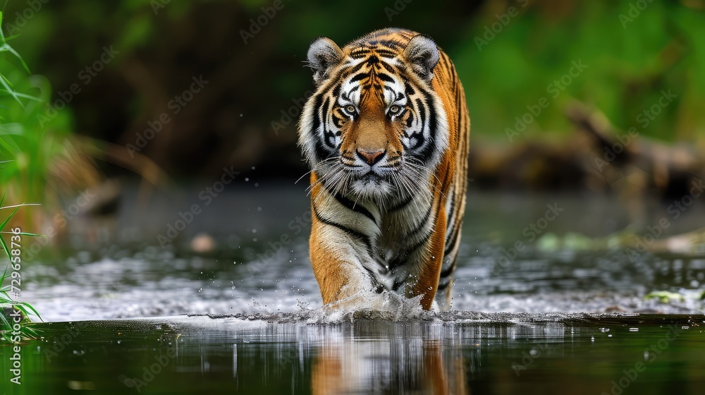 Amur tiger walking in the water. Dangerous animal Amur tiger walking in the water. Dangerous animal