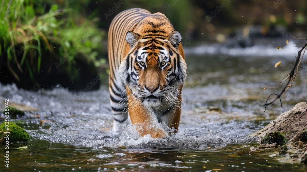 Amur tiger walking in the water. Dangerous animal Amur tiger walking in the water. Dangerous animal