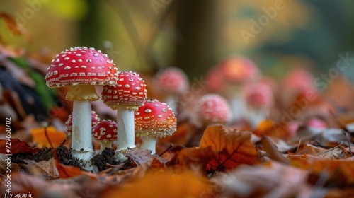 Amanita muscaria or "fly agaric" is a red and white spotted poisonous Toadstool Mushroom. Group of fungi in a autumn season forest