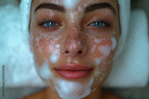 Closeup portrait of young woman cleanses the skin with foam on her face