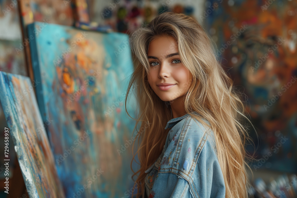 Fototapeta premium blonde woman painting a picture in a studio with a palette Generative AI