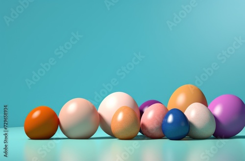  a row of colored eggs sitting in a row on a blue surface with a light blue back ground and a light blue back ground with a light blue back ground.