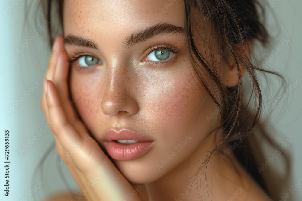 Beautiful young woman with clean perfect skin. Portrait of beauty model with natural nude make up and touching her face. Spa, skincare and wellness. Close up, Beautiful young woman with clean perfect skin. Portrait of beauty model with natural nude make up and touching her face. Spa, skincare and wellness. Close up,