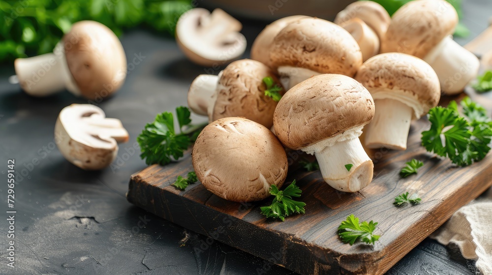 Champignons fresh mushrooms on cutting board Champignons fresh mushrooms on cutting board