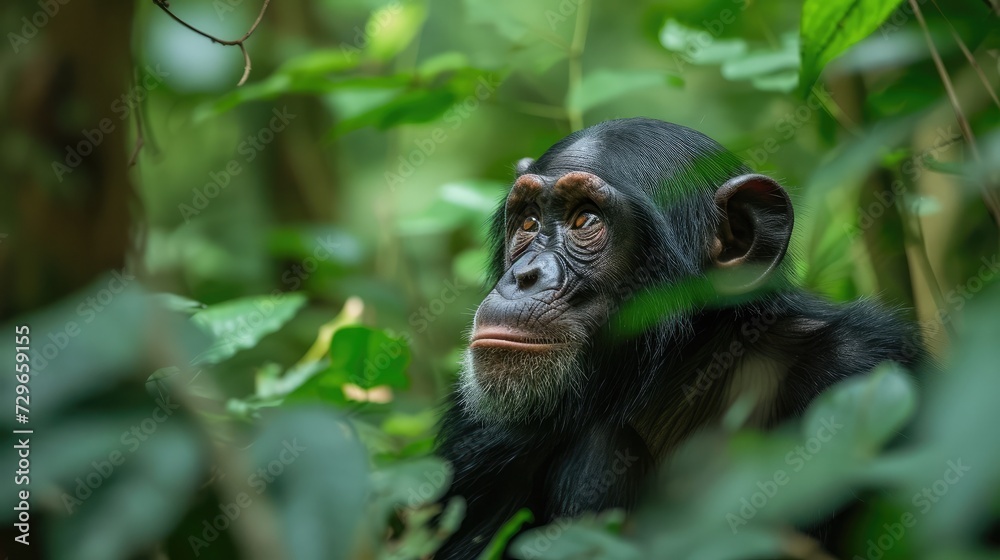 Obraz premium Chimpanzee in the forest. Chimp in the protected Kibale forest