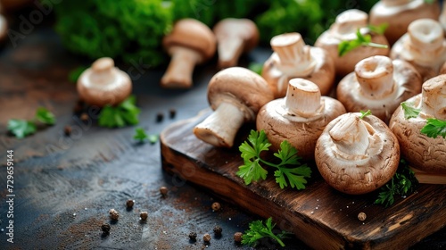 Champignons fresh mushrooms on cutting board