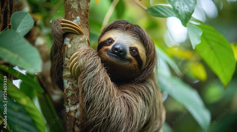 Cute sloth hanging on tree branch with funny face look, perfect portrait of wild animal in the Rainforest