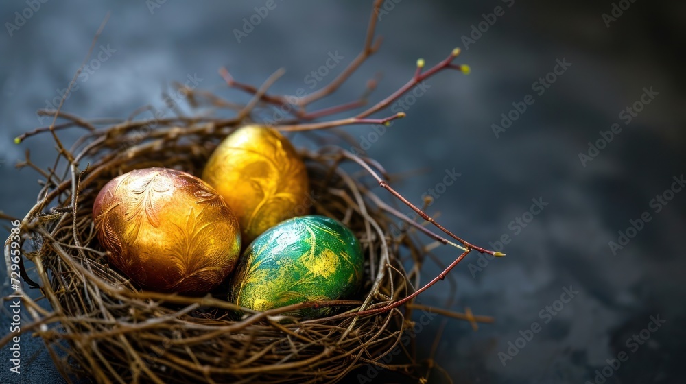 Obraz premium three painted eggs in a bird's nest on top of a blue surface with a twig sticking out of the top of the nest and a twig sticking out of the top of the eggs.