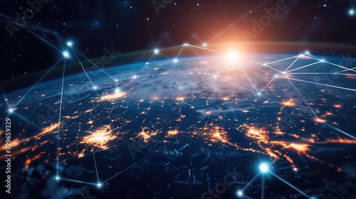 Communication technology with global internet network connected around the world. Telecommunication and data transfer international connection links. IoT, finance, business, blockchain, security.