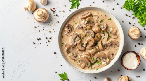 Concept of tasty food with mushroom sauce on white background