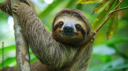 Cute sloth hanging on tree branch with funny face look, perfect portrait of wild animal in the Rainforest
