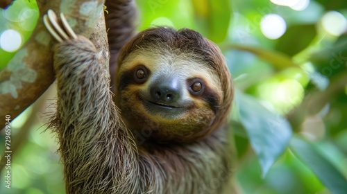 Cute sloth hanging on tree branch with funny face look, perfect portrait of wild animal in the Rainforest © buraratn