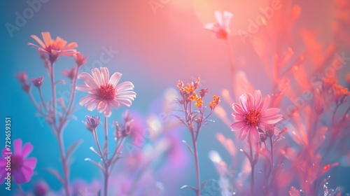  a close up of a bunch of flowers with a blue sky in the back ground and a pink and yellow flower in the middle of the middle of the picture.