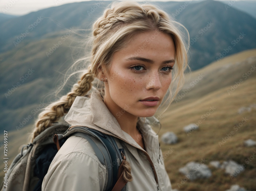 Woman with backpack smiling and looking at camera hiking