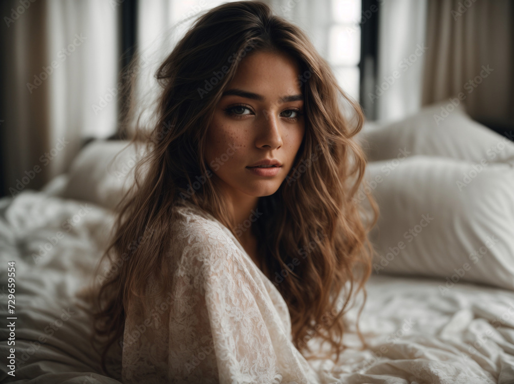 Amazing bride half naked beauty, sexy and sensual brunette model with long curly hair posing in interior Amazing bride half naked beauty, sexy and sensual brunette model with long curly hair posing in interior