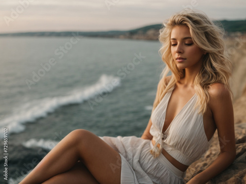 Beautiful woman in summer clothes on the beach enjoying the sun and sea